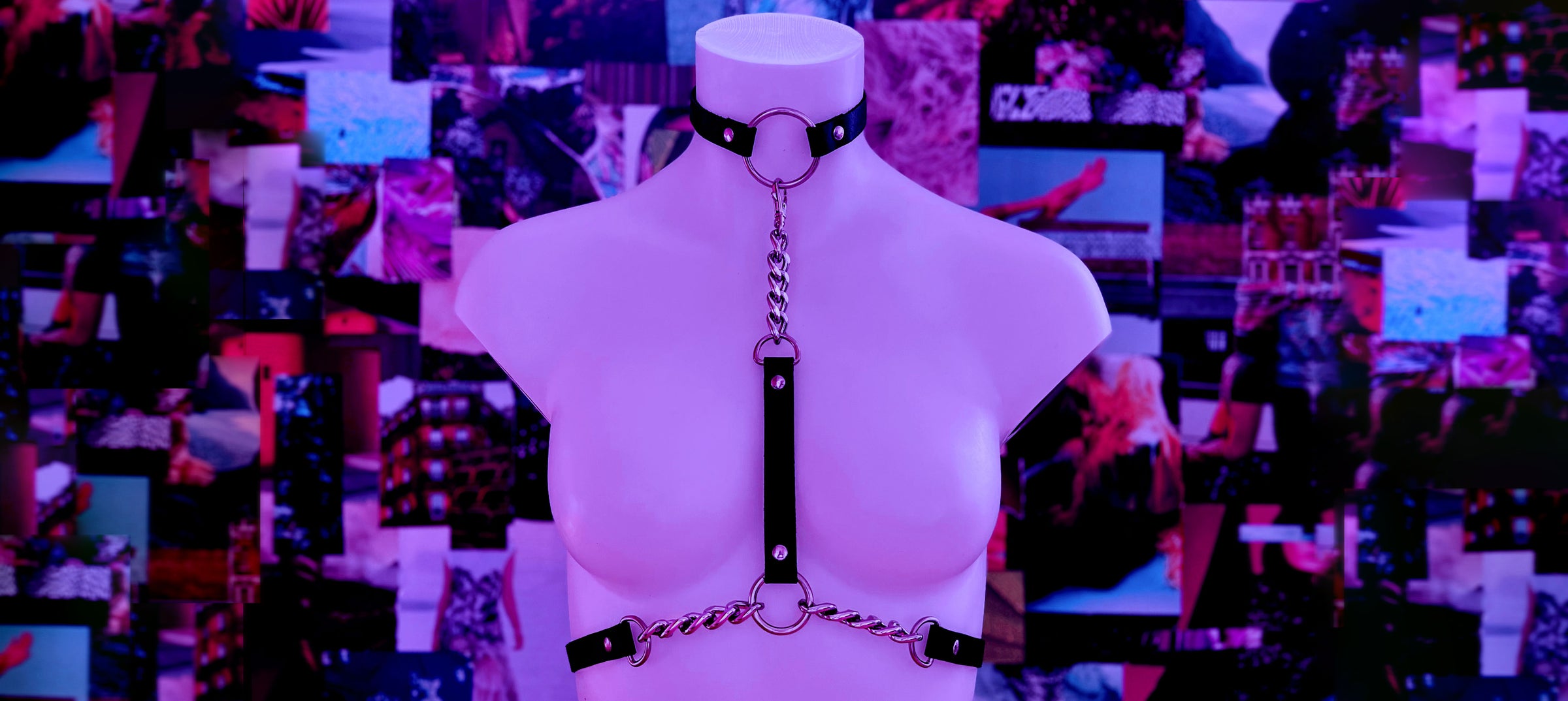 Rave + Rivet's black leather and chain harness and black o-ring choker on a mannequin in front of a collage background