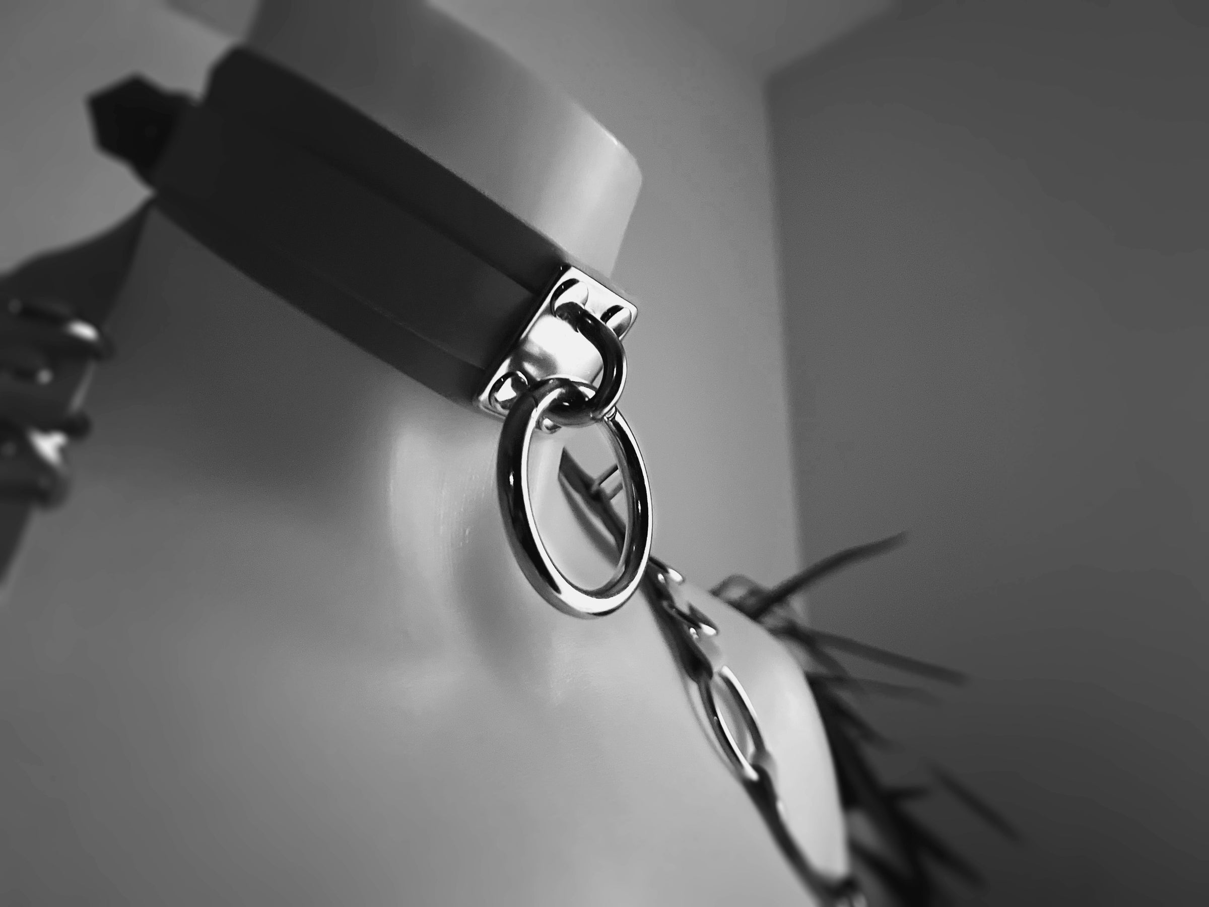 Black and white image of Rave + Rivet's pink leather o-ring choker on a mannequin