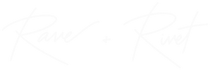 Rave + Rivet logo: brand name in white handwritten script, with a "+" sign in between "Rave" and "Rivet"