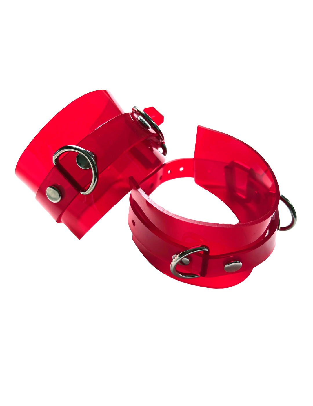 Rave + Rivet's red PVC handcuffs with silver hardware