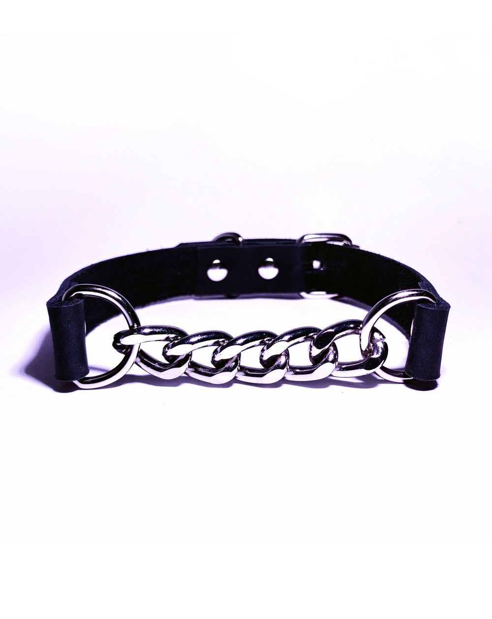 black leather choker with silver chain, made by sudosci